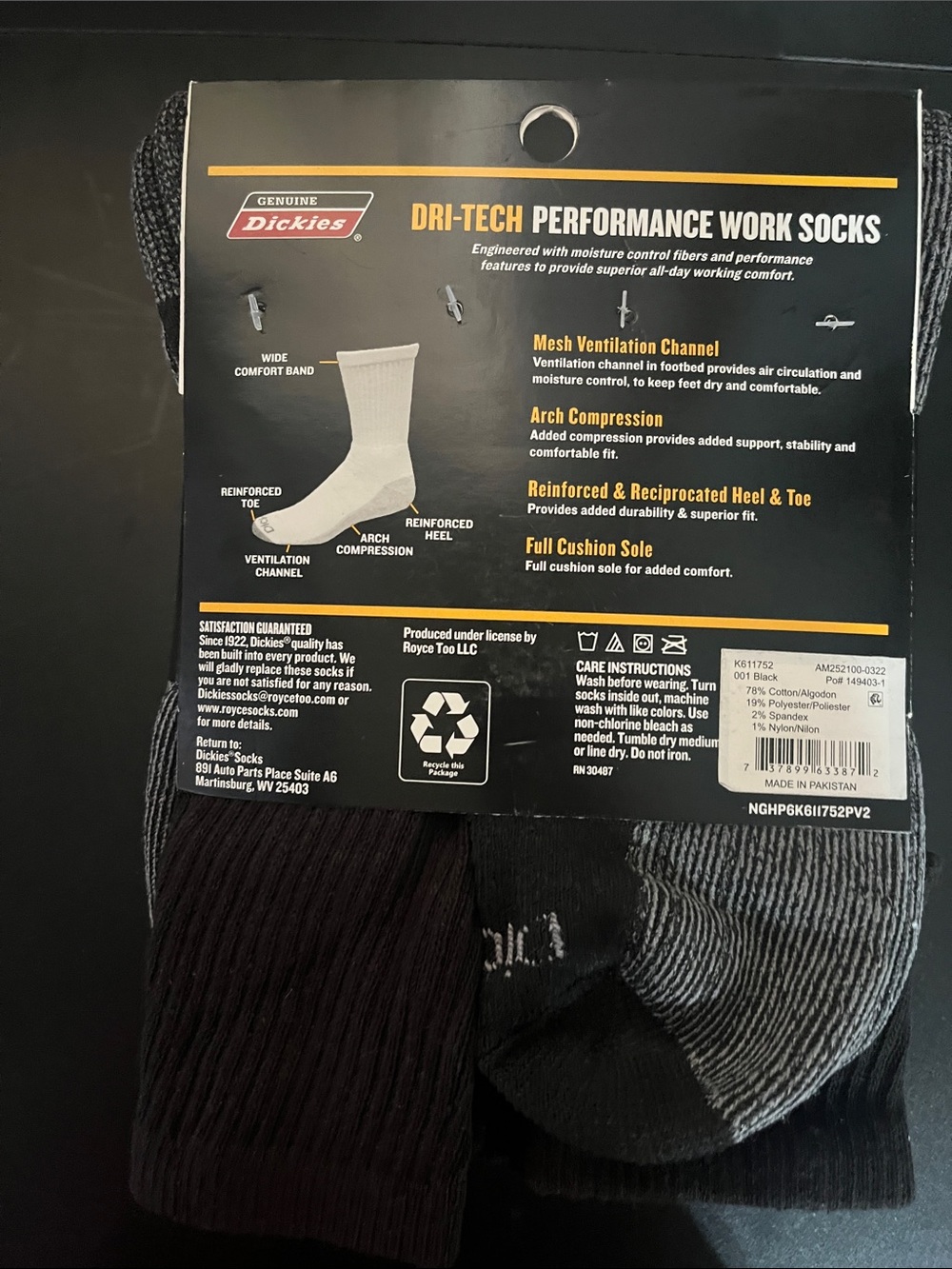 Dickies Men's Flex Dri-Tech Crew Socks - Black & Gray - Picture 3 of 3